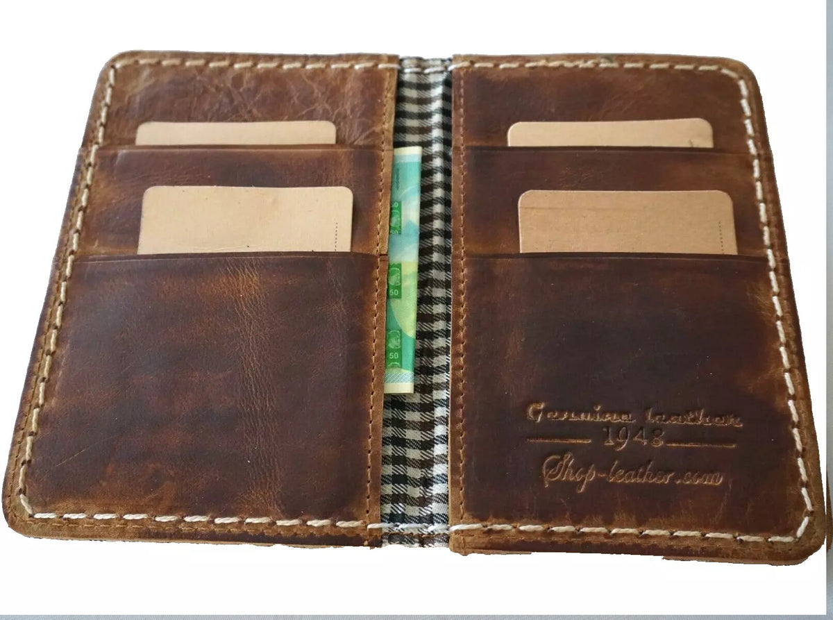 Mens genuine leather slim wallet with soft Italian leather, credit card slots, vintage style, handcrafted by HansMade.