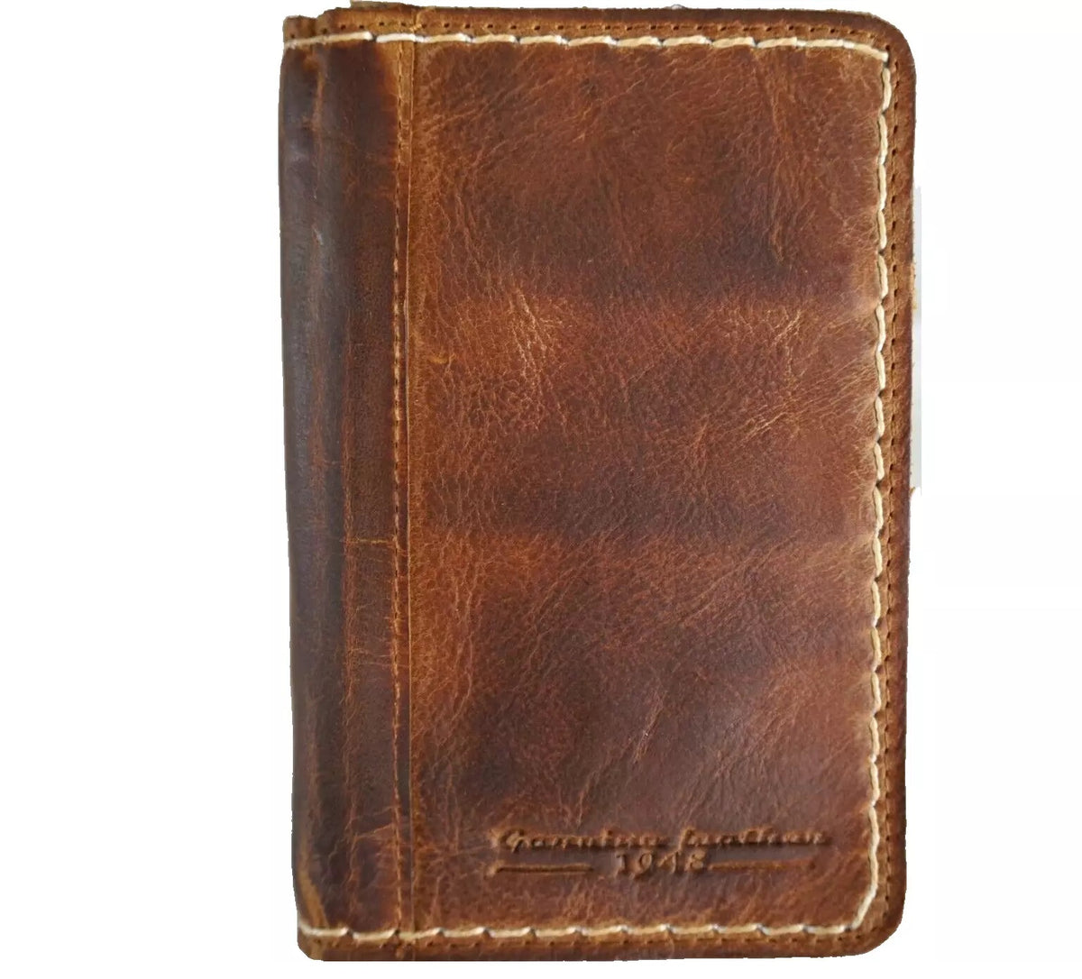 Mens genuine leather wallet with slim, soft Italian design, featuring credit card slots and a vintage DIY custom look.
