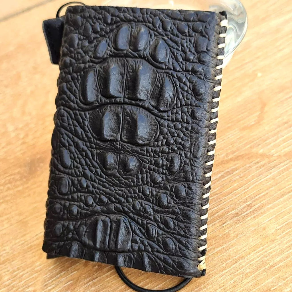Black genuine cow leather men's wallet with crocodile style, removable anti-theft ID case, handmade by DAVISCASE.