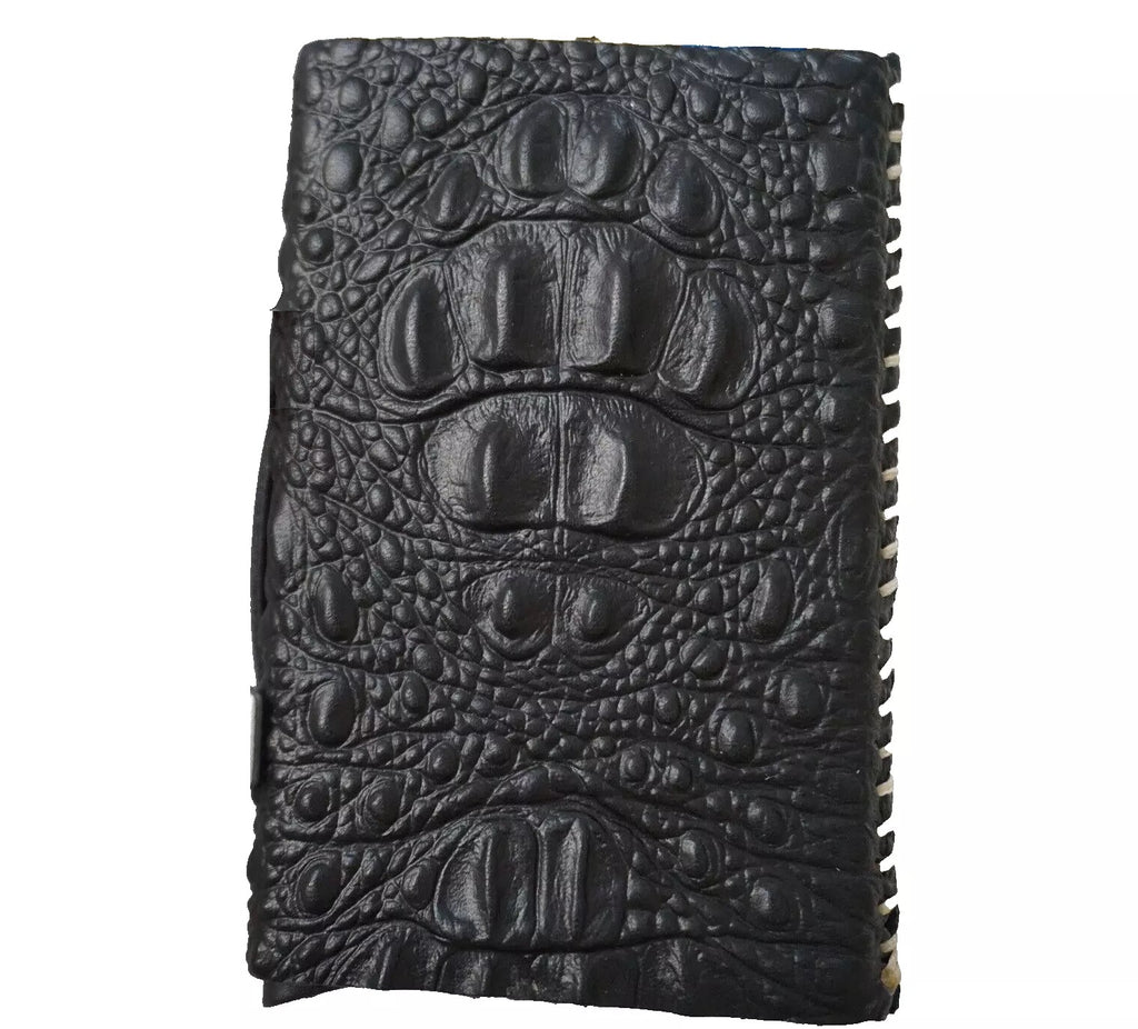 Black genuine cow leather men's wallet with removable anti-theft ID case, crocodile style, handmade by DAVISCASE.