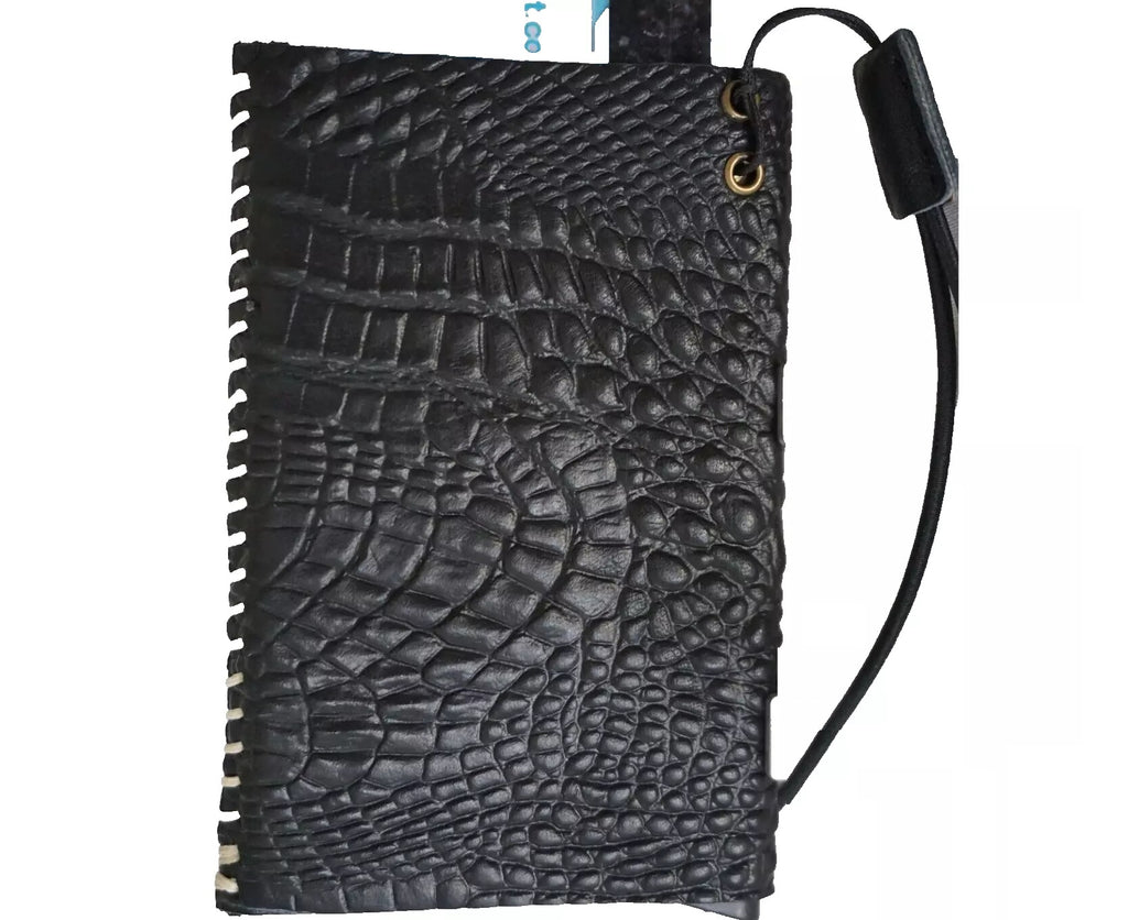 Men's genuine black cow leather wallet with crocodile style, removable anti-theft ID case, handmade by DAVISCASE.