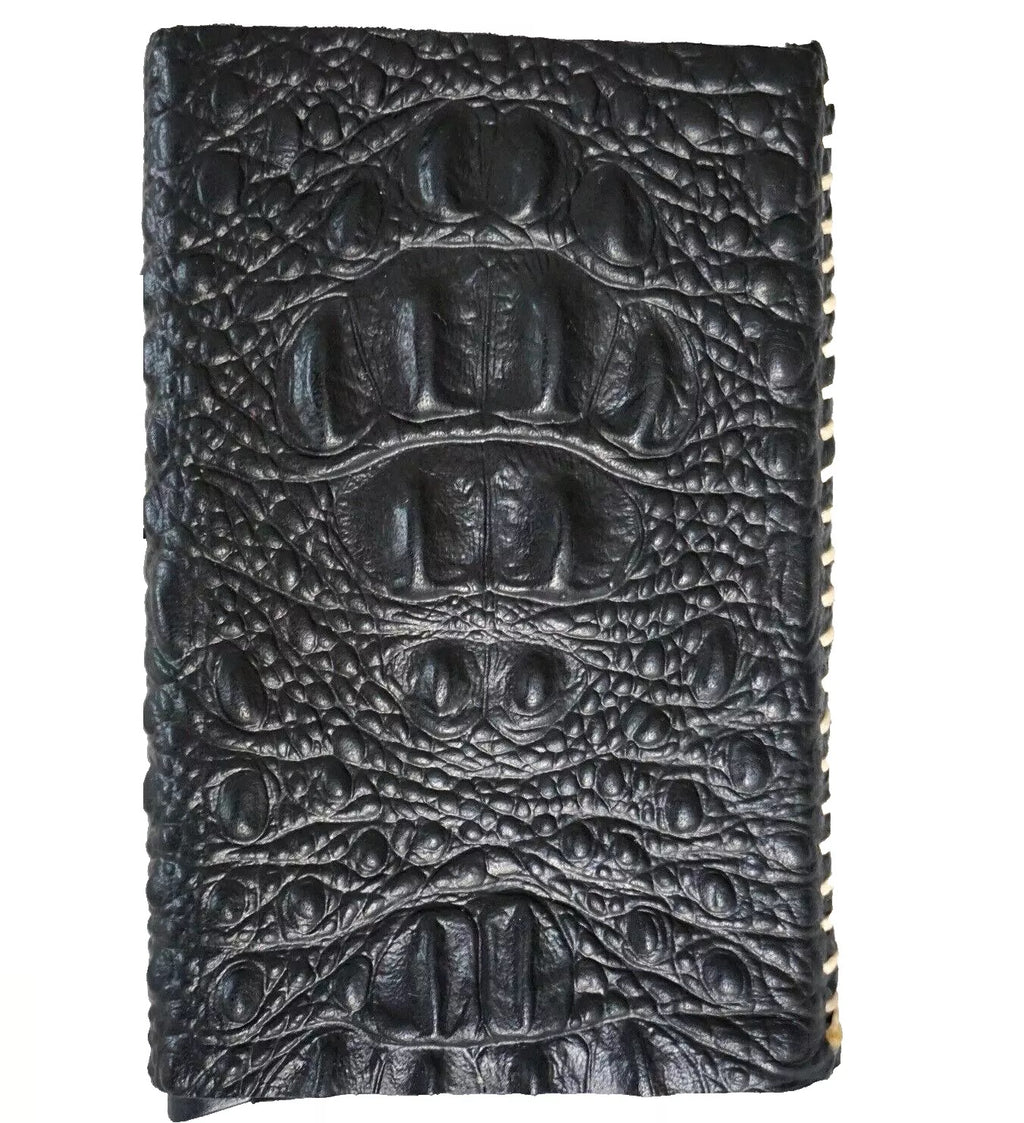 Men's genuine cow leather wallet by DAVISCASE with crocodile pattern, removable anti-theft ID case, handmade black leather.
