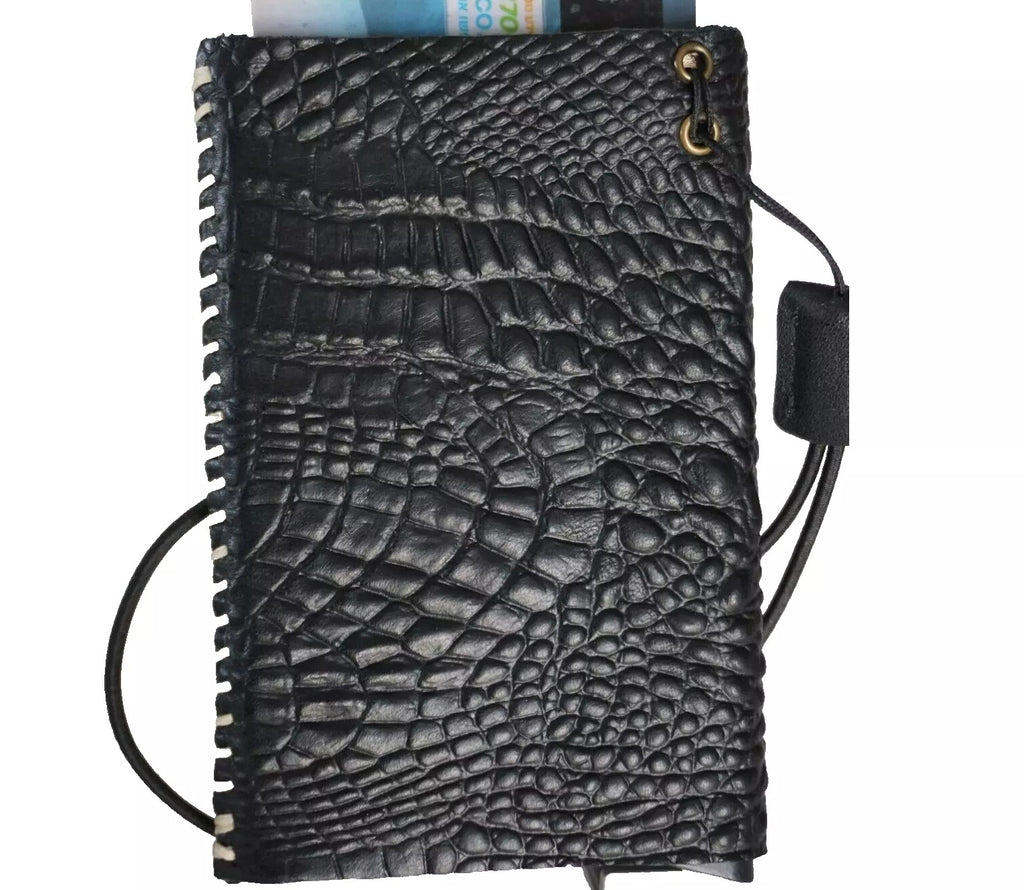 Men's black genuine cow leather wallet with crocodile texture, removable anti-theft ID case, handmade by DAVISCASE.