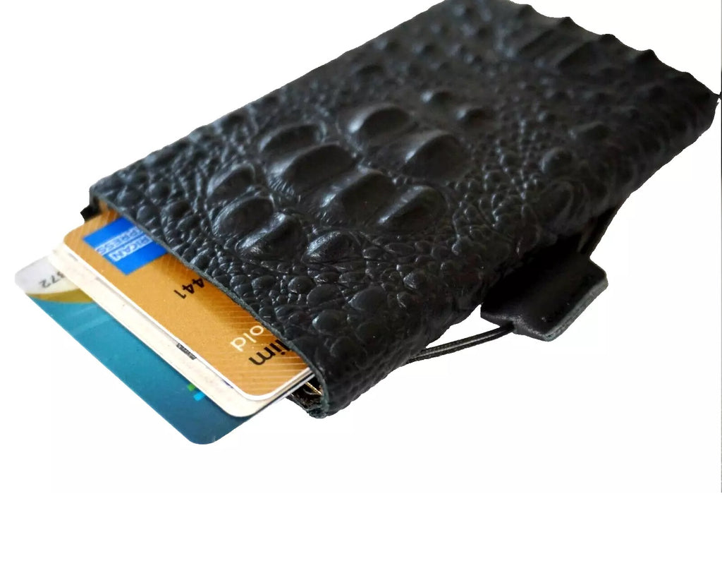 Black men's genuine cow leather wallet with removable anti-theft ID case, crocodile style, handmade by DAVISCASE.