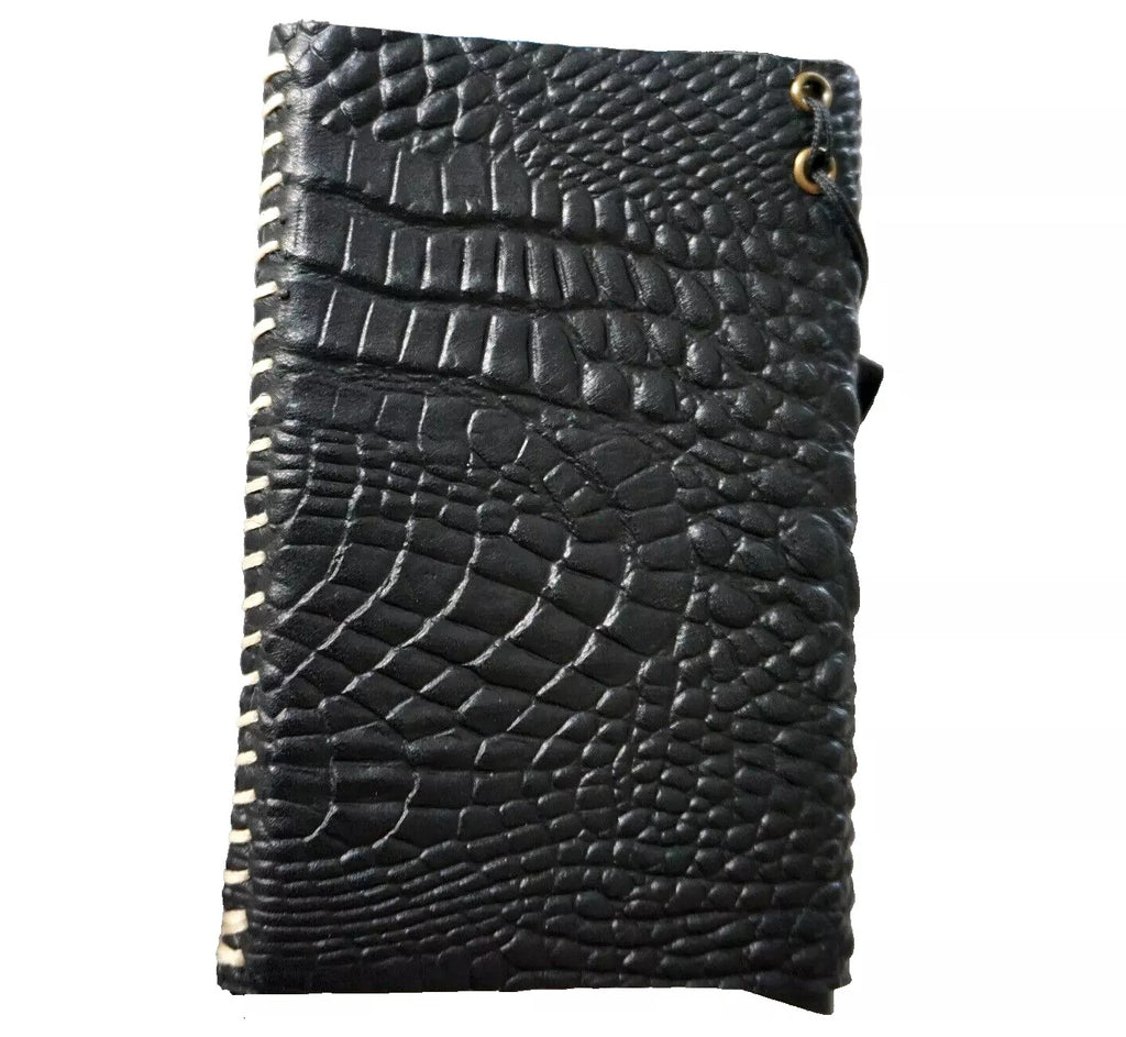 Men's black genuine cow leather wallet with crocodile style design, removable anti-theft ID case, handmade by DAVISCASE.