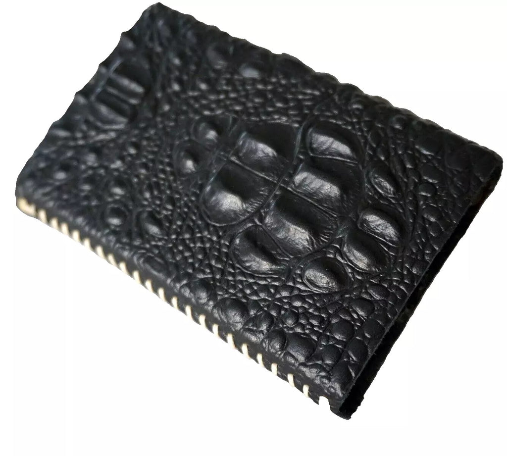 Genuine black cow leather men's wallet with crocodile style design, removable anti-theft ID case, handmade by DAVISCASE.