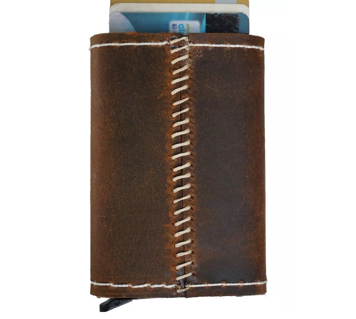 Men's genuine cow leather wallet and ID case by DAVISCASE, featuring removable card compartments and anti-theft design.