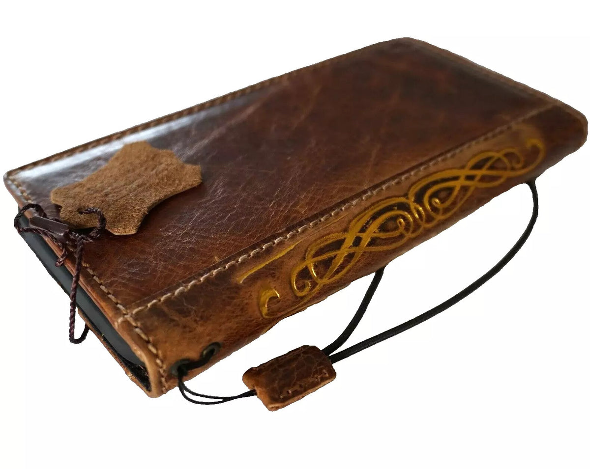 Handmade genuine leather wallet book case for Galaxy Z Fold 3-7, featuring double stitching and gold stamp detail.