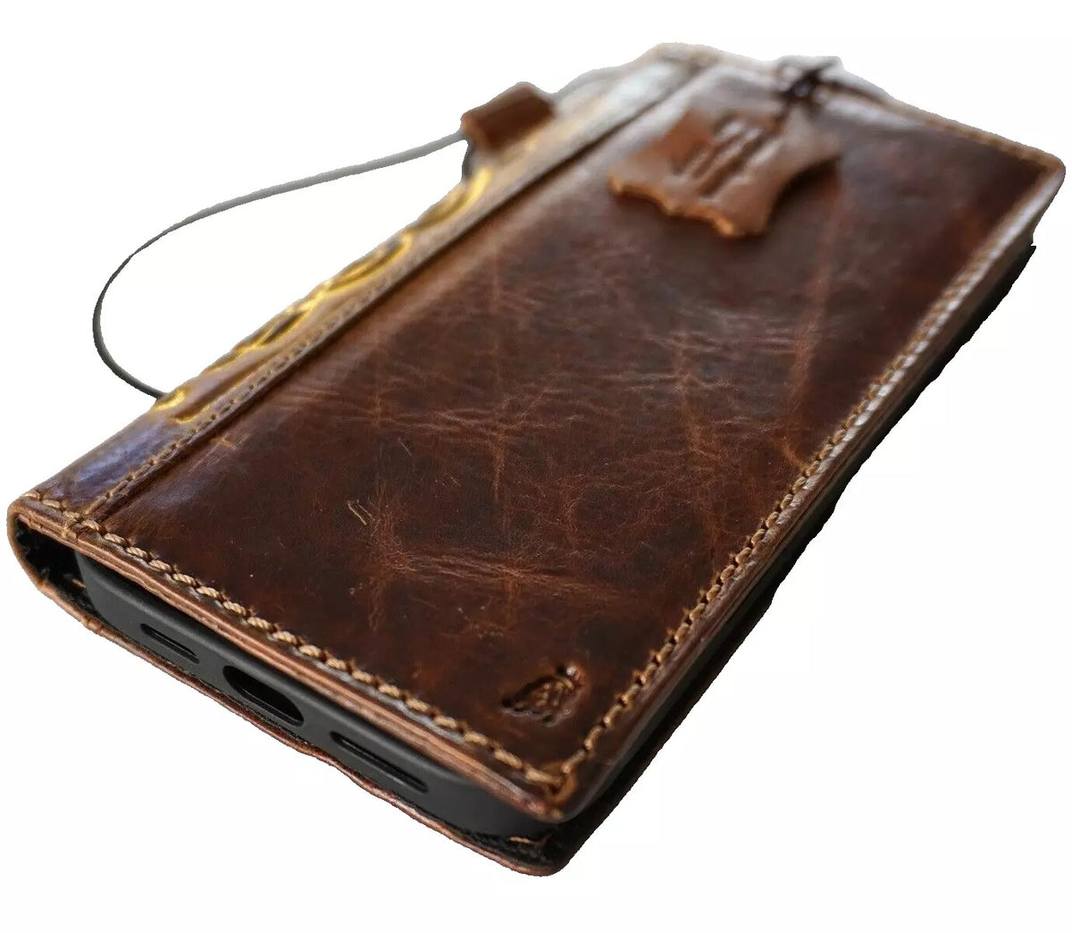 Handmade genuine leather phone case by DAVISCASE for iPhone 12-16 Pro Max and 8 Plus, featuring double stitching and gold stamp details.