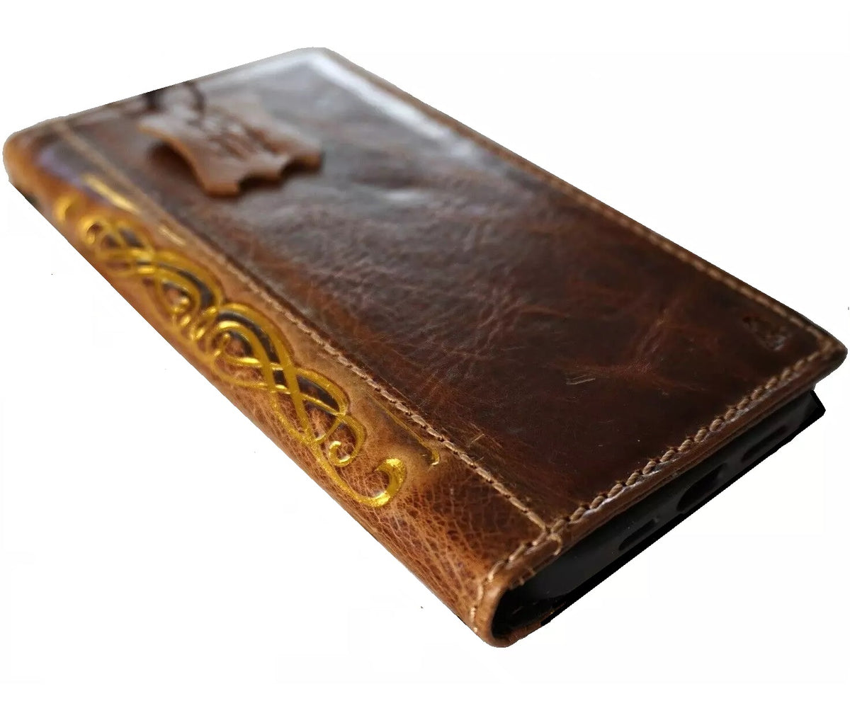 Handmade genuine leather phone case for iPhone 12-16 Pro Max, with double stitch and gold stamp, crafted by DAVISCASE.