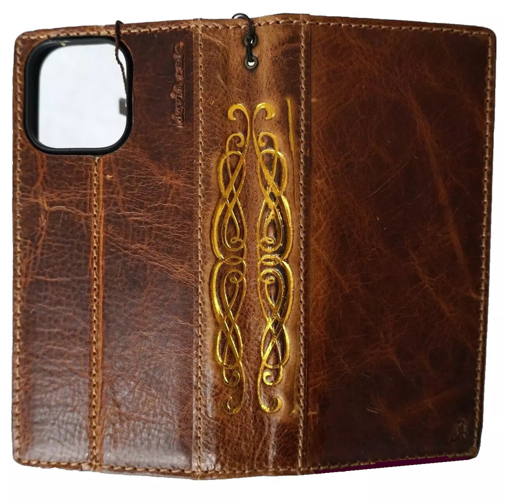 Handmade genuine leather phone case for iPhone 12-16 Pro Max, with double stitching and gold stamp, by DAVISCASE.