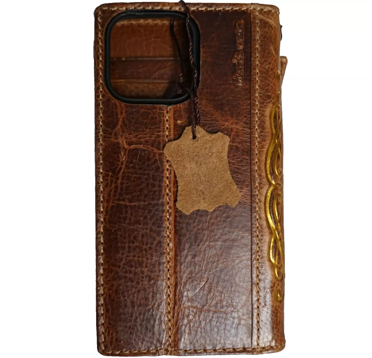 Handmade genuine leather Galaxy Z Fold 3 4 5 6 7 case with double stitch, gold stamp, crafted as a wallet book by DAVISCASE
