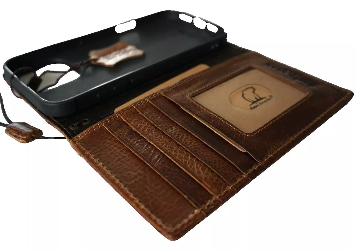 Handmade genuine leather phone case for iPhone 12-16 Pro Max, with double stitching and gold stamping, by DAVISCASE.