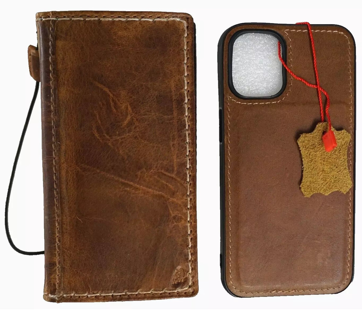 Handmade genuine leather phone case for iPhone 13-16 Pro Max with wallet and removable 8 Plus, in tan by DAVISCASE.