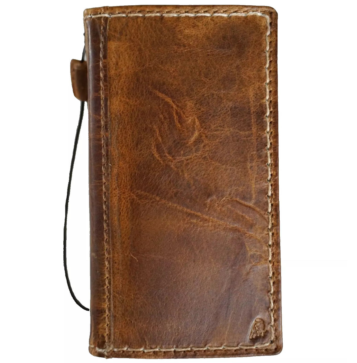 Handmade genuine leather phone case for iPhone 13-16 Pro Max, with removable wallet and hand-sewn tan finish by DAVISCASE.