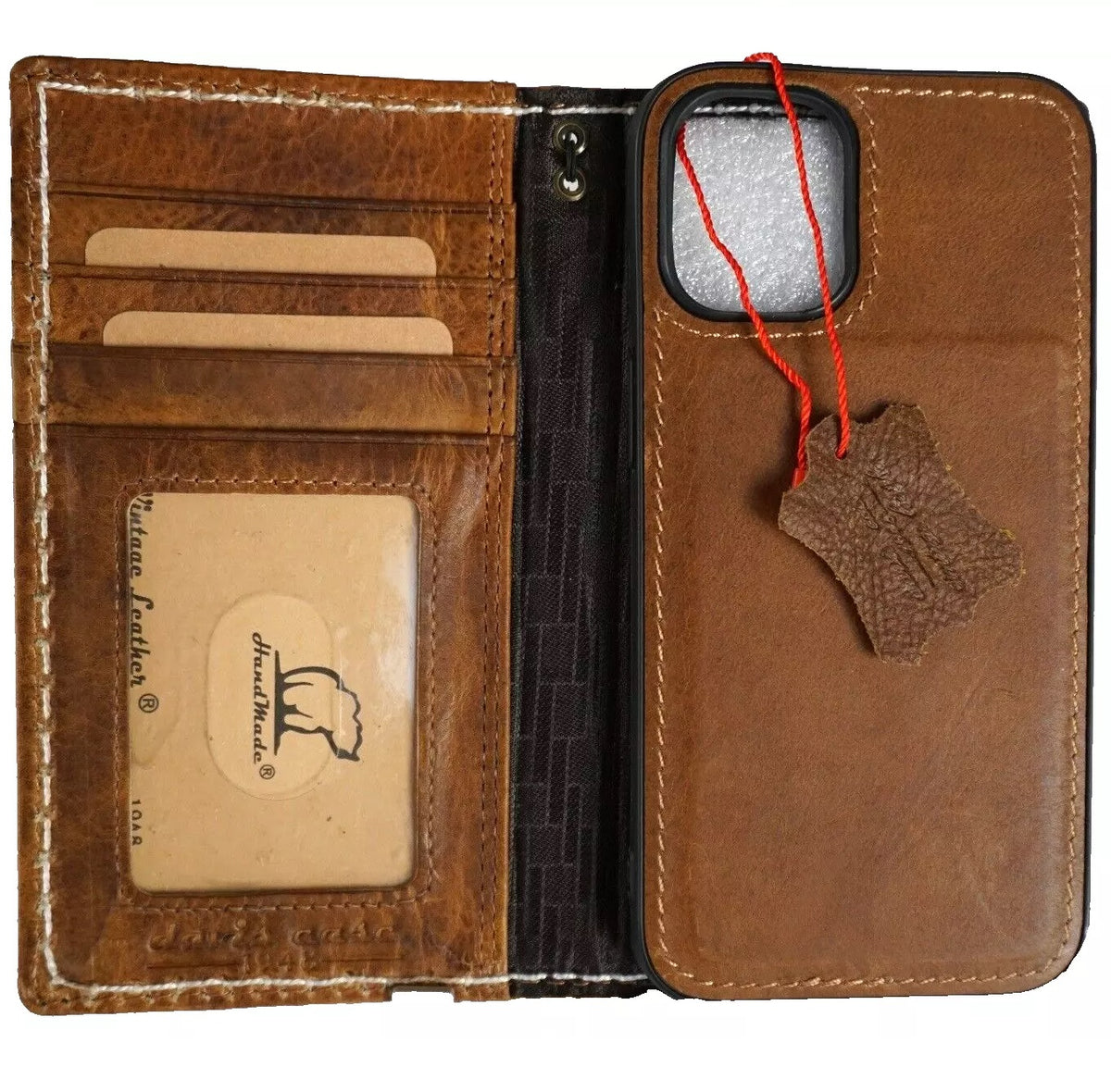 Handmade genuine leather phone case for iPhone 13-16 Pro Max with removable wallet by DAVISCASE, in tan with sewing details.