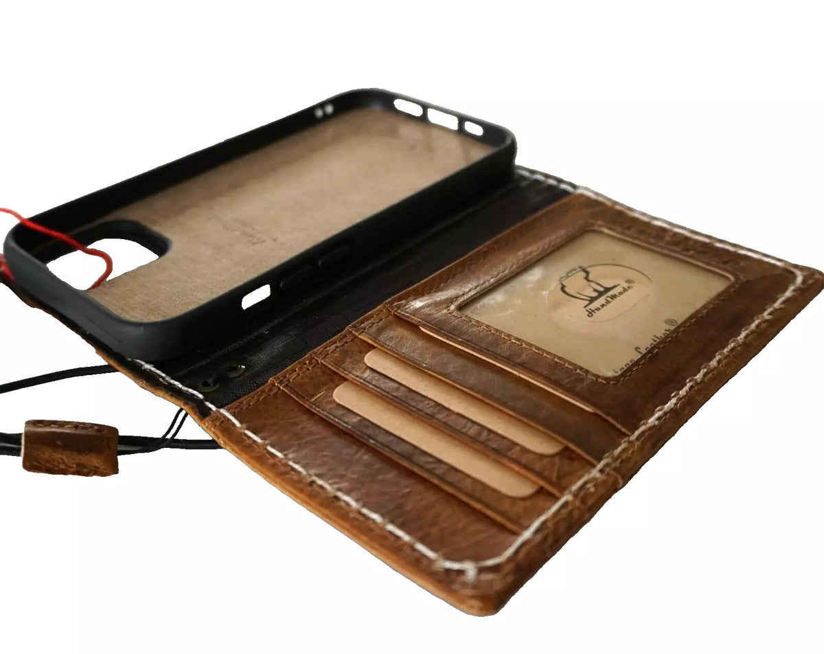 Handmade tan genuine leather phone case for iPhone 12-16 Pro Max with removable wallet, crafted by DAVISCASE.