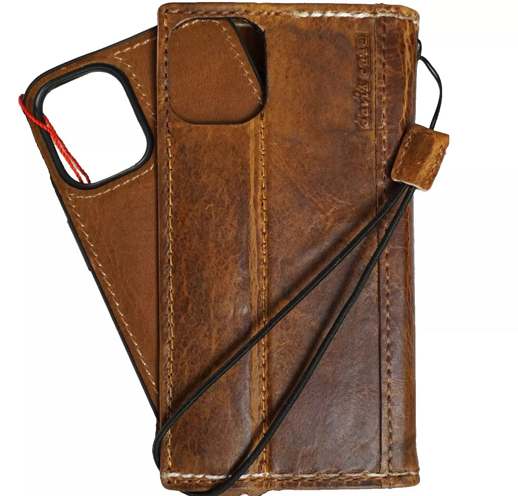 Handmade genuine leather phone case for iPhone 13-16 Pro Max with wallet feature, in tan, by DAVISCASE, showing detailed sewing and design.