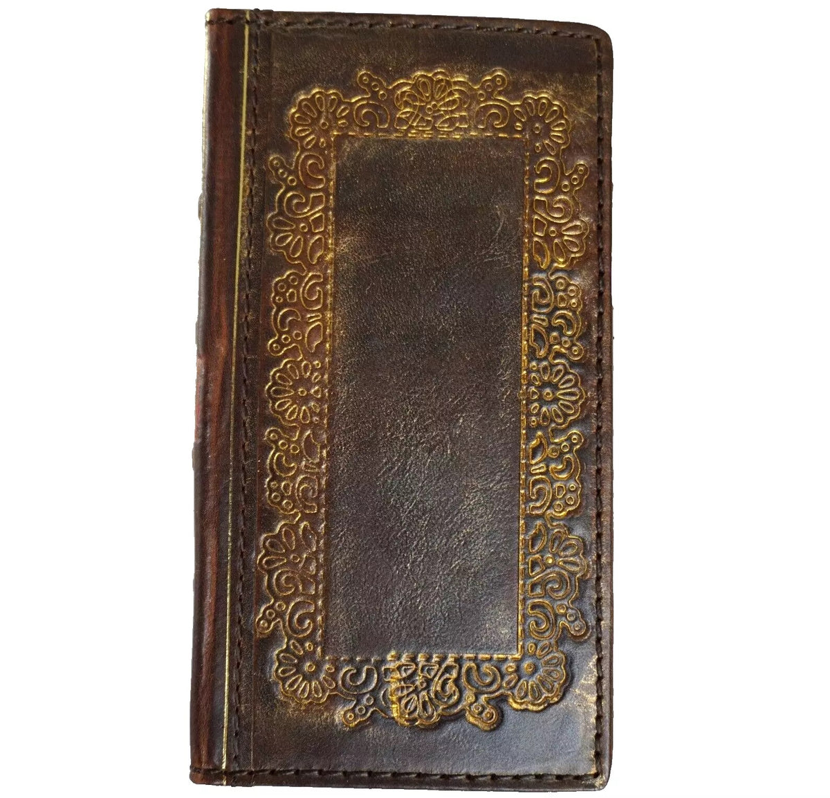 Handmade genuine leather phone case for Samsung Galaxy S20, S21, S22, S23 FE, Z Fold 4, 5, 6, 7, Note 20, 21, crafted with gold Morocco design.
