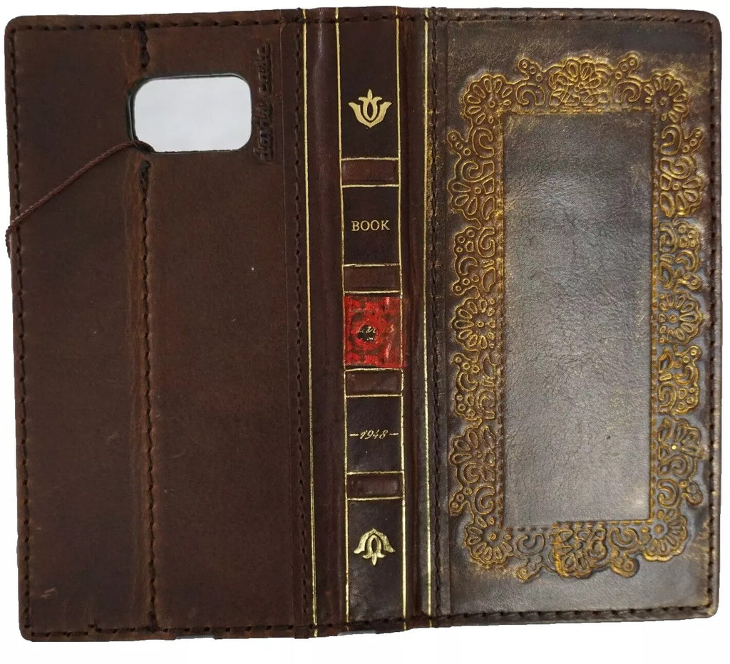 Handmade genuine leather phone case for iPhone 12-16 Pro Max, Bible crafts wallet book design, gold Morocco finish, by DAVISCASE.