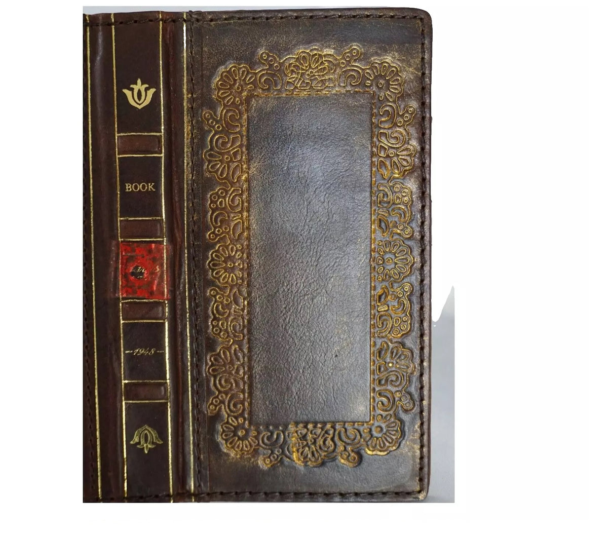 Handmade genuine leather phone case for iPhone 12-16 Pro Max, Bible crafts wallet style in gold, by DAVISCASE.