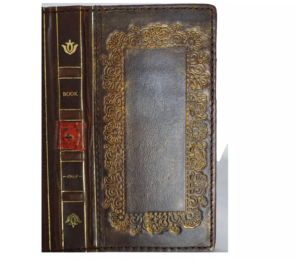 Handmade genuine leather phone case for Galaxy S series, Note, Z Fold, and more, featuring gold Morocco Bible crafts by DAVISCASE.
