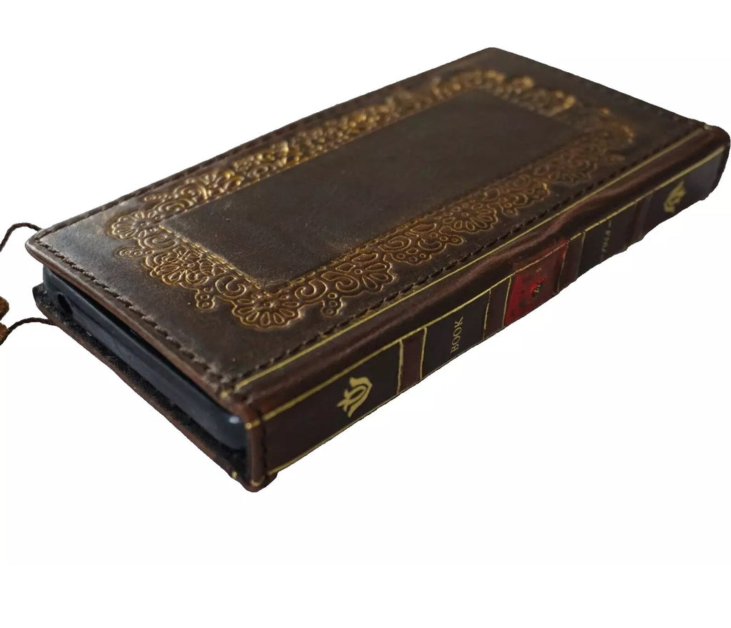 Handmade genuine leather phone case for iPhone 12-16 Pro Max, Bible crafts wallet style, gold Morocco design by DAVISCASE.