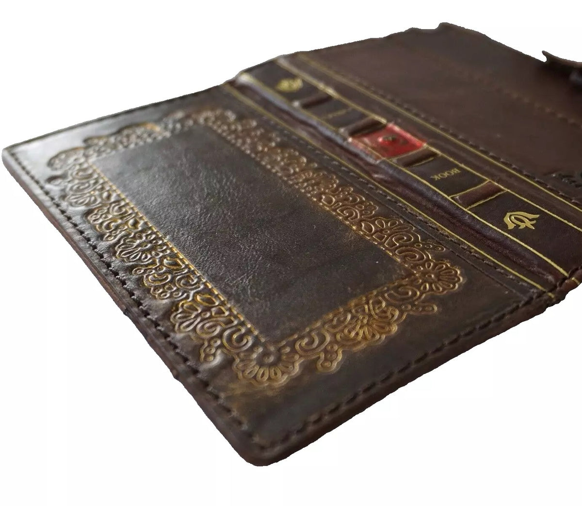 Handmade genuine leather phone case for Galaxy S series, Note, Z Fold, and more, featuring gold Morocco Bible craft design.