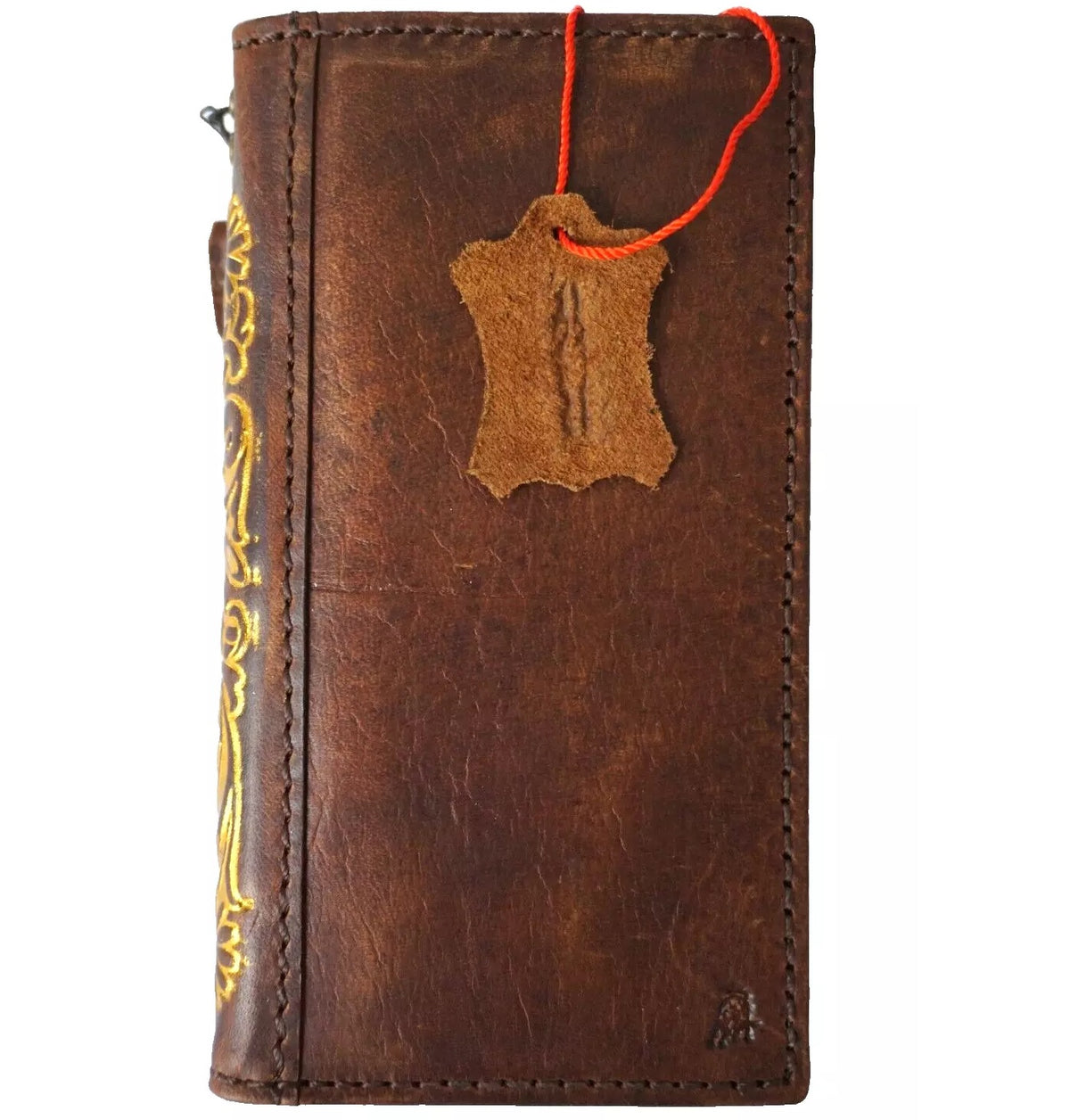 Handmade genuine leather wallet case for Galaxy Z Fold 3-7 by DAVISCASE, featuring gold stamp art and crafted details.