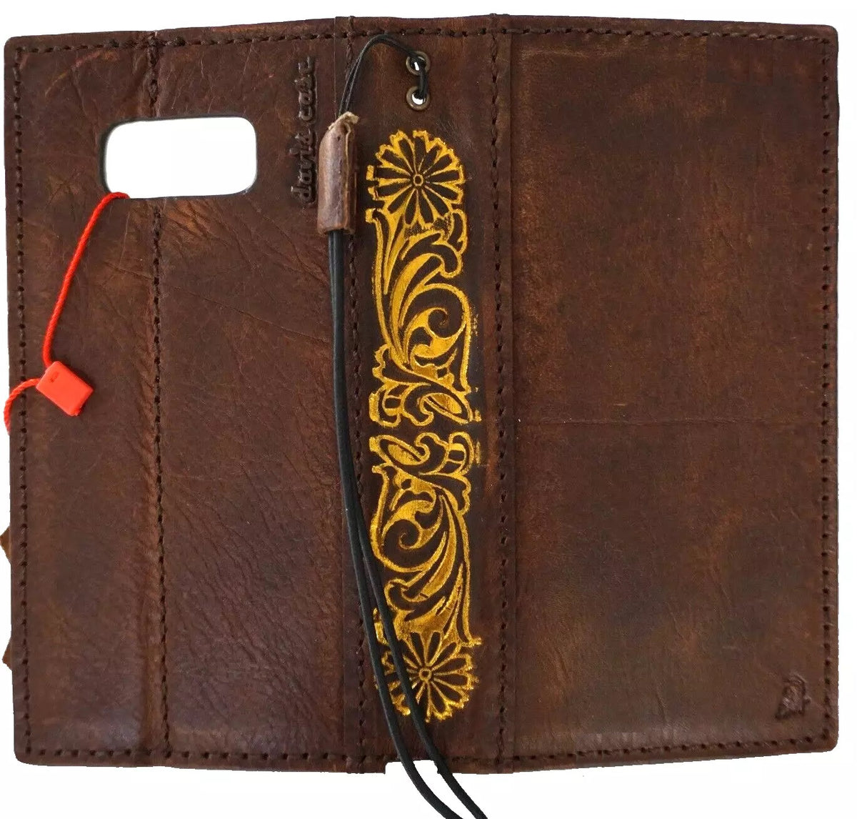 Handmade genuine leather wallet phone case for Galaxy Z Fold 3 4 5 6 7, featuring gold stamp art and crafted by DAVISCASE.