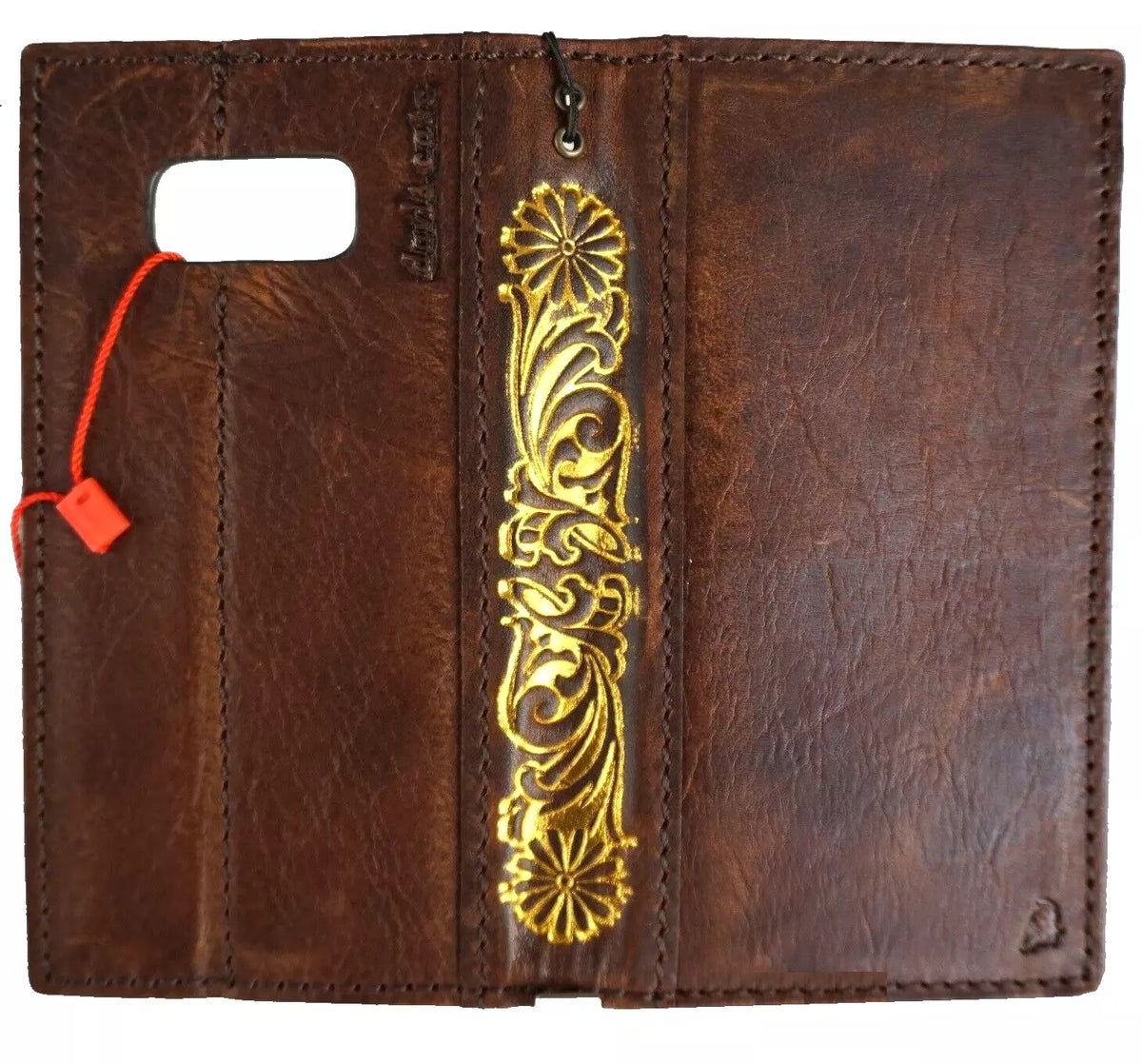 Handmade genuine leather phone case for Samsung Galaxy S21, S22, S23, S24, S25 Ultra, and Galaxy Z Fold 3-7 wallet book in gold.