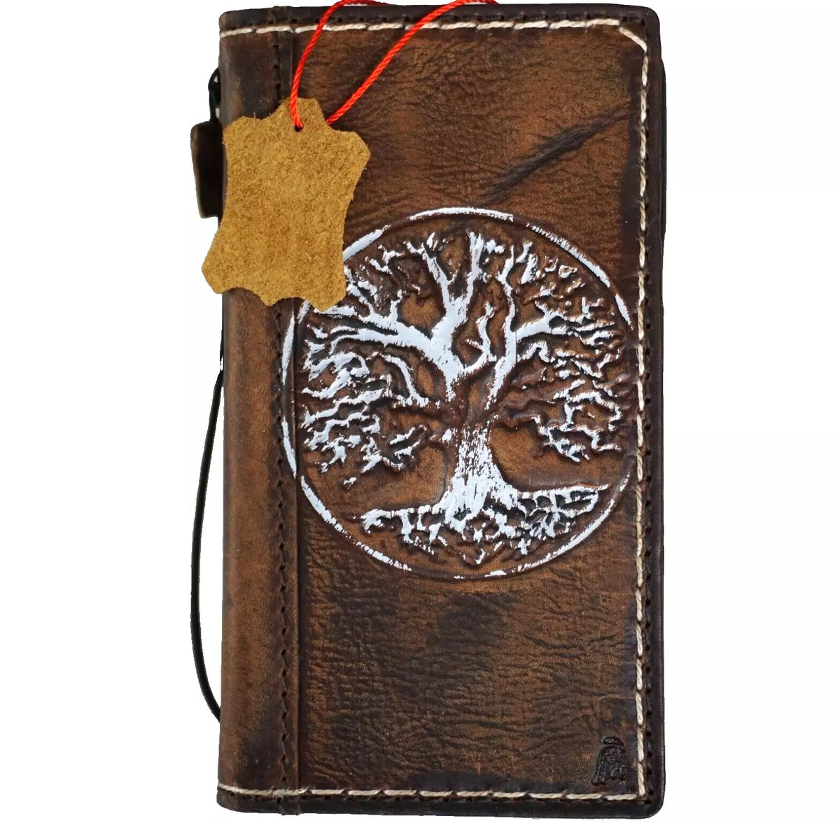 Handmade DAVISCASE leather phone case with Tree of Life embossing for Galaxy S series and Z Fold models, featuring oiled finish.