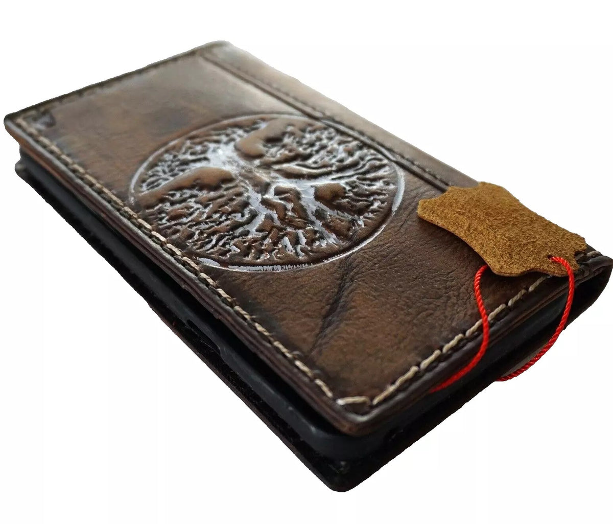 Handmade genuine leather phone case for iPhone 12-16 Pro Max, with embossed Tree of Life design and wallet features by DAVISCASE