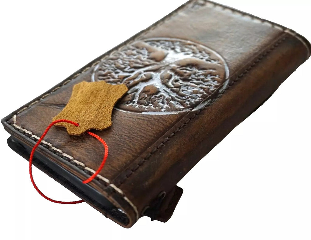 Handmade genuine leather phone case for iPhone 12-16 Pro Max with embossed Tree of Life design by DAVISCASE.