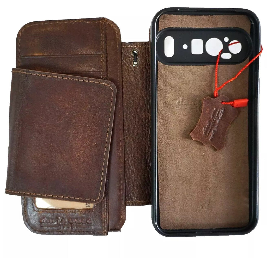 DavisCase genuine leather wallet case for Google Pixel Fold and Pixel models, featuring a book-style design with closure and removable holder.