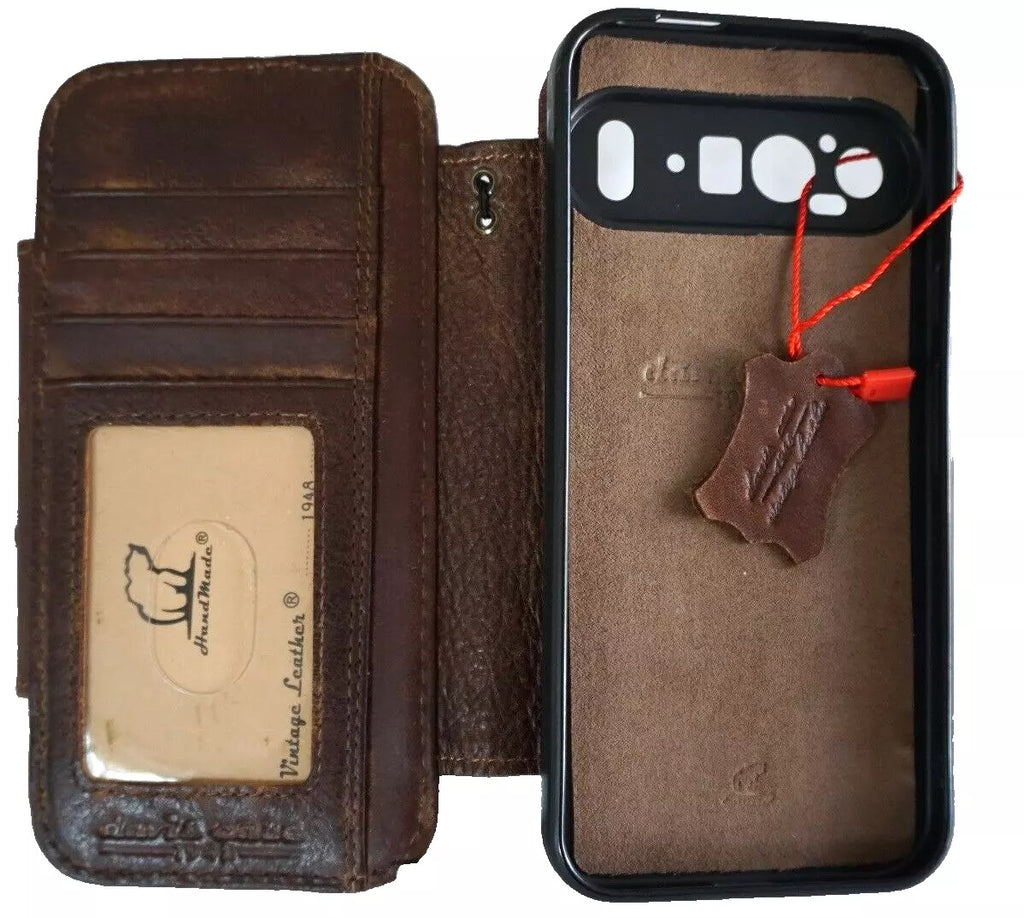 Genuine leather Google Pixel Fold case by DAVISCASE with book wallet design, closure, and removable holder for Pixel 6, 7, 8, 9 Pro models.