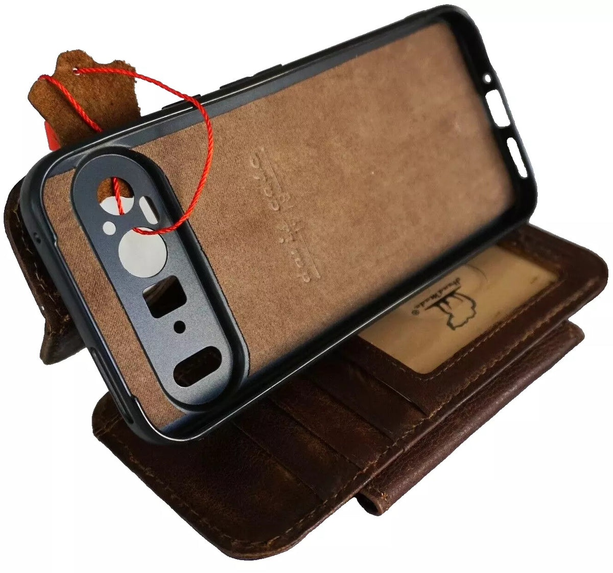 Genuine leather Google Pixel Fold case by DAVISCASE with wallet-style design, book closure, and removable holder for models 7A 8A 7 8 9 Pro XL.