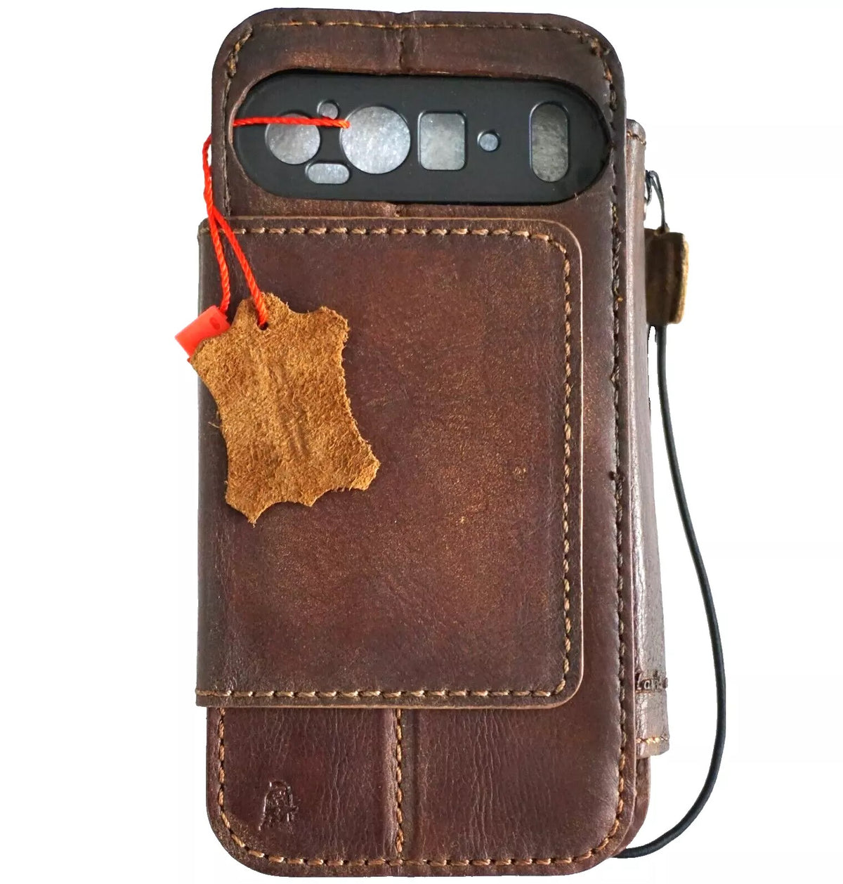 Genuine leather Google Pixel Fold case by DAVISCASE with book-style wallet design, closure, and removable holder for Pixel models.