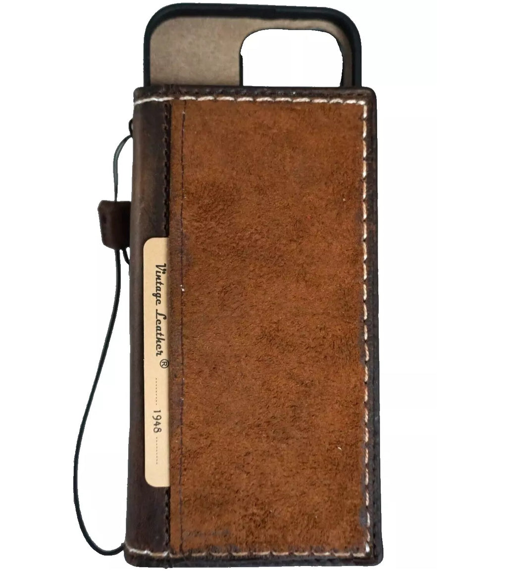 Handmade genuine leather phone case for iPhone 13-16 Pro Max with removable wallet, crafted by DAVISCASE with detailed sewing.