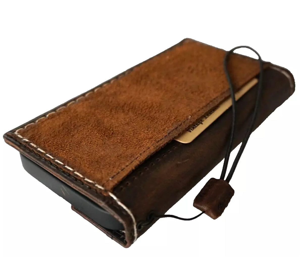 Handmade genuine leather phone case for iPhone 12 13 14 15 16 Pro Max with removable wallet by DAVISCASE, featuring stitched craftsmanship.