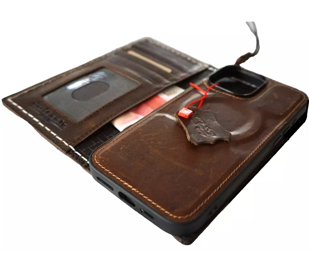 Handmade genuine leather phone case for iPhone 13-16 Pro Max with removable wallet, crafted by DAVISCASE, sewing details visible.