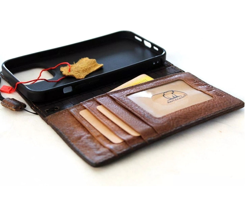 Handmade genuine leather wallet phone case for iPhone 12-16 Pro Max by DAVISCASE, featuring a luxurious book-style cover.