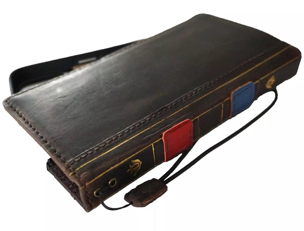 Handmade leather phone case for Apple iPhone models, blue and red, with Bible craft design, from DAVISCASE.