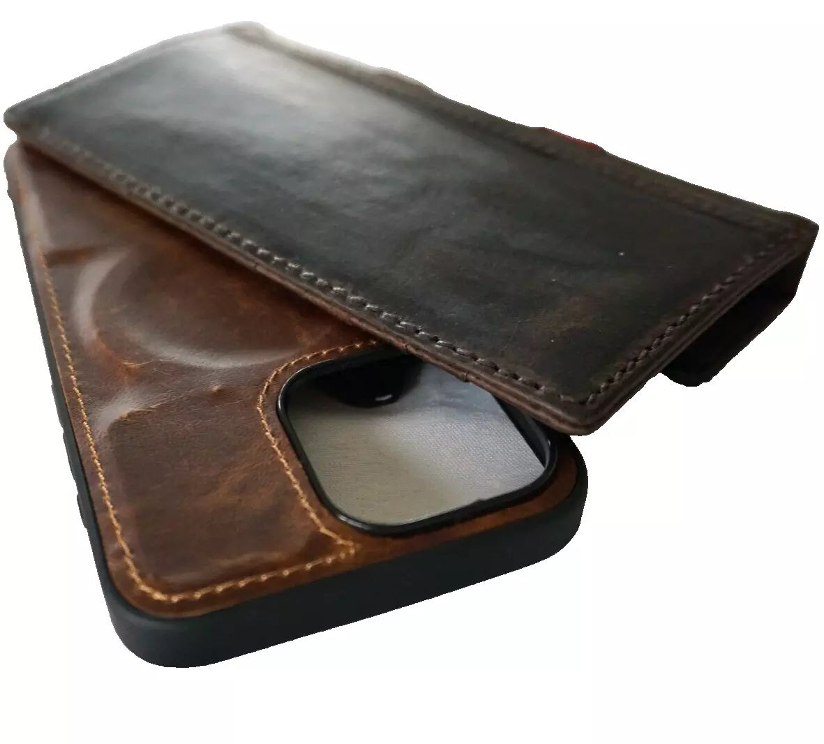 Handmade genuine leather phone case for Apple iPhone models, featuring Bible craft design in blue or red by DAVISCASE.