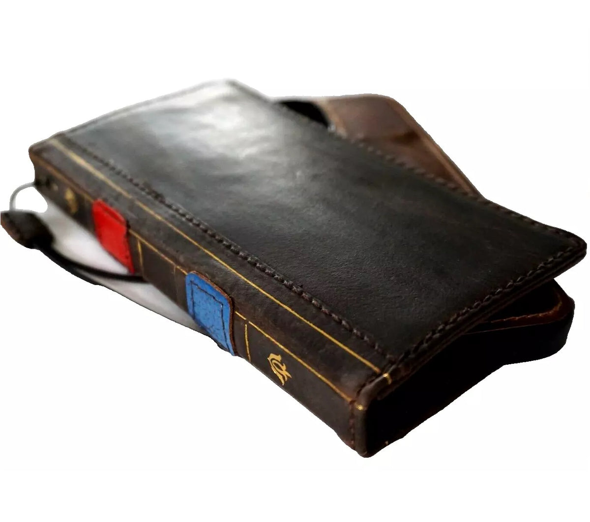 Handmade blue leather phone case for Apple iPhone 17, 16, 11, 12, 13, 14, 15 Pro Max, Air, 8 Plus with Bible craft design by DAVISCASE.