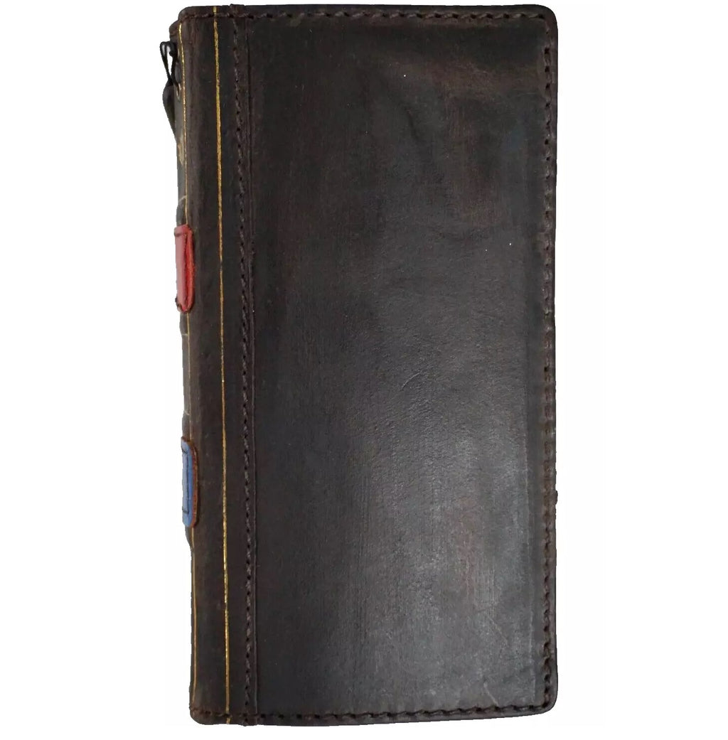 Handmade blue and red genuine leather phone case for Apple iPhone models, crafted by DAVISCASE with Bible-inspired design.