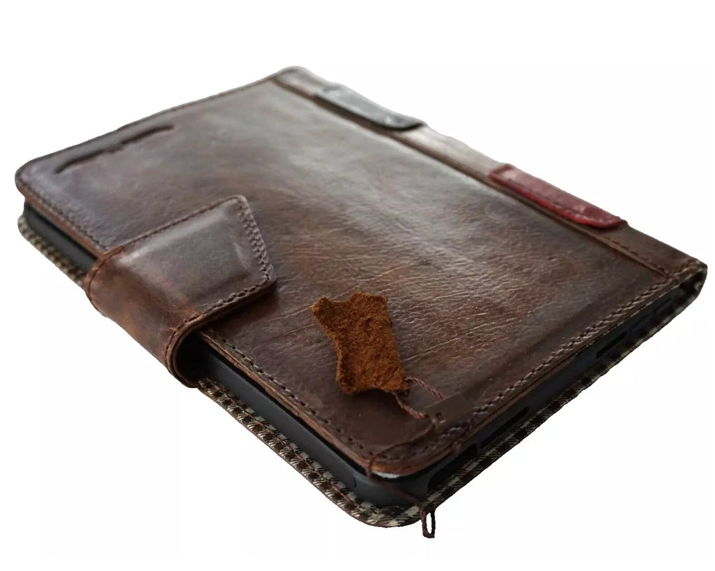 Genuine leather case for Apple iPad Mini and iPad Pro, handmade in red and blue, with precise cutouts for model protection.