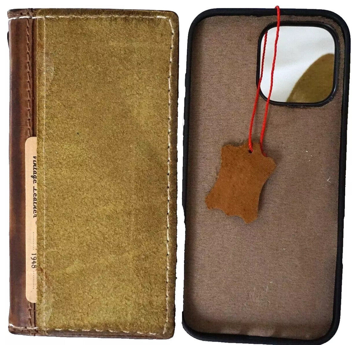 Handmade green leather phone case for iPhone 13-16 Pro Max with wallet and removable 8 Plus feature by DAVISCASE.