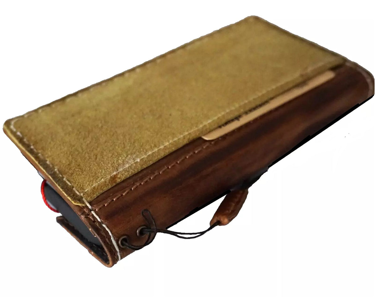 Handmade green genuine leather wallet case for Apple iPhone 13-16 Pro Max and 8 Plus, with removable features and sewing detail.