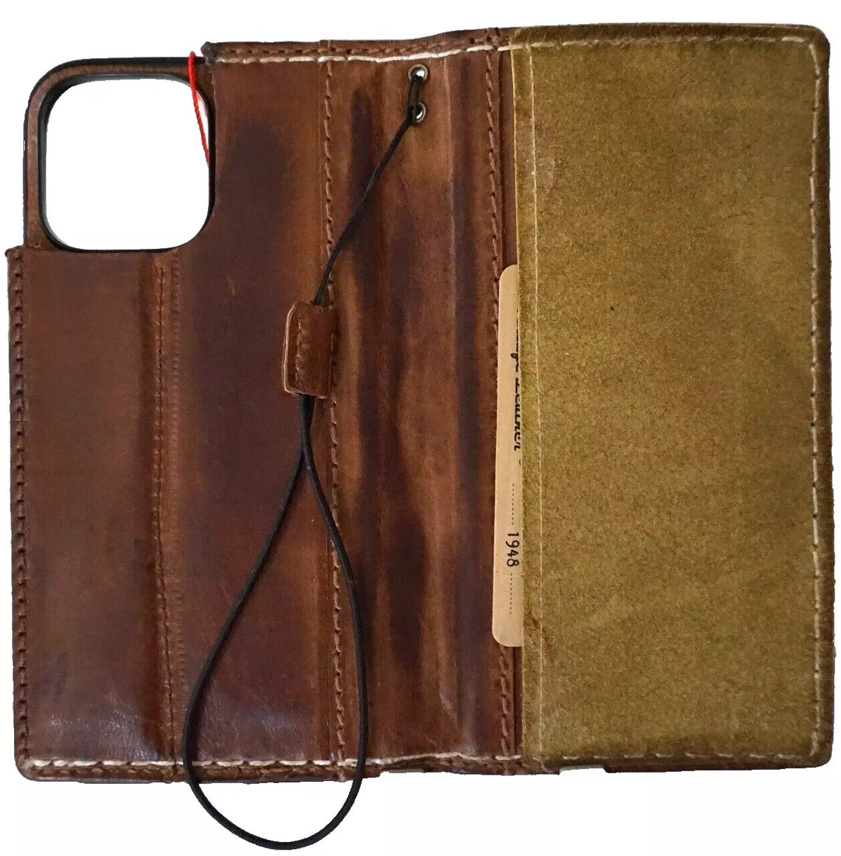 Handmade green leather phone case for iPhone 12-16 Pro Max with wallet feature, crafted by DAVISCASE, showing sewing detail.